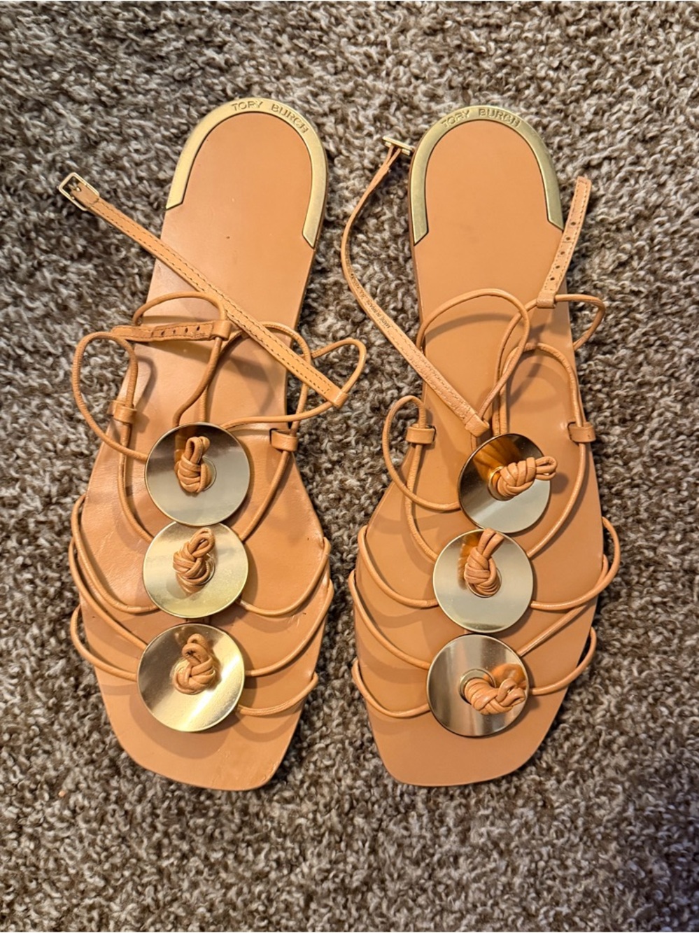 Tory Burch Tan Leather Strappy Sandals with Gold Discs